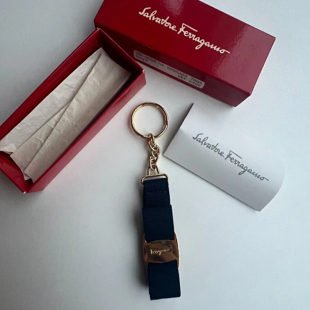 Ferragamo Timeless Vara Bow Key Chain Gift Navy Gold Logo NWOT